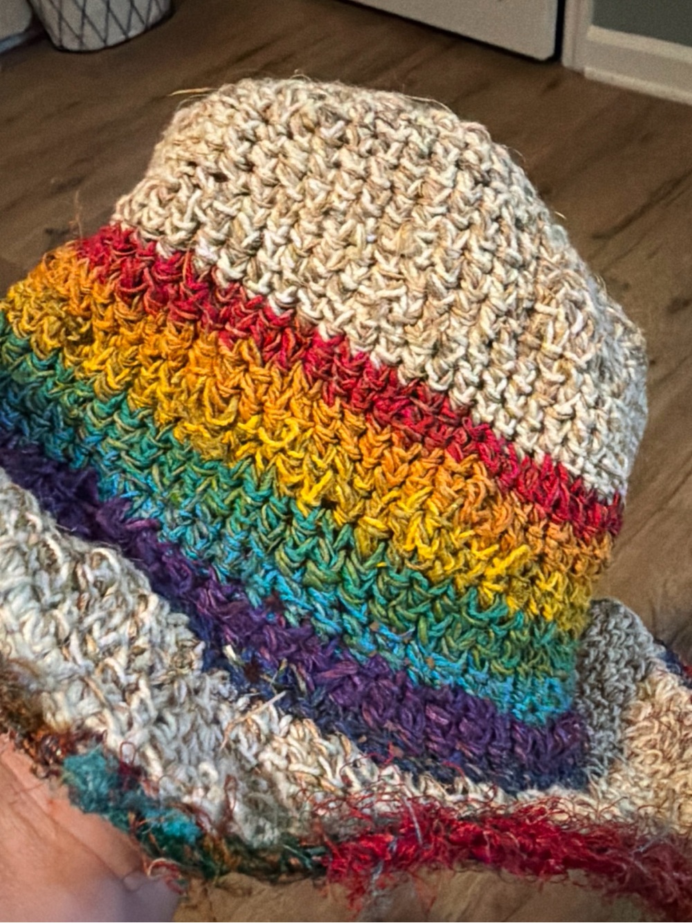 Source Unknown Crochet Rainbow Stripe Bucket Hat in Cream and Multi